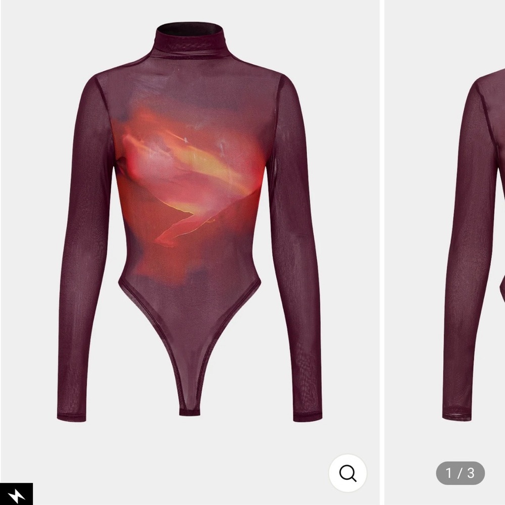 Ombré Mesh Long Sleeve Bodysuit in Burgundy with Sunset Print